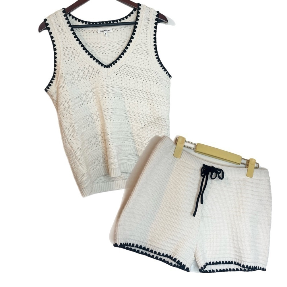 Heartloom Ecru White Pointelle Knit Vest and Shorts with Contrast Stitch